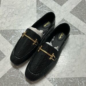 Clarks Black Patent Croc Embossed Loafers with Gold Detail